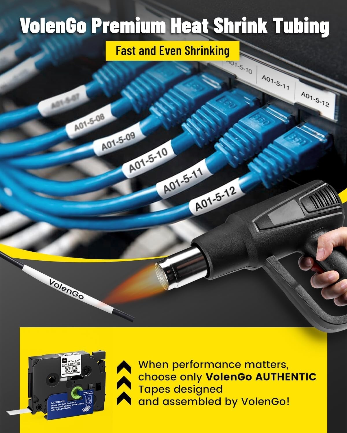 E1000 Heat Shrink Label Tapes 0.46'' (11.7mm) White on Black for PT-E560/HSe-231