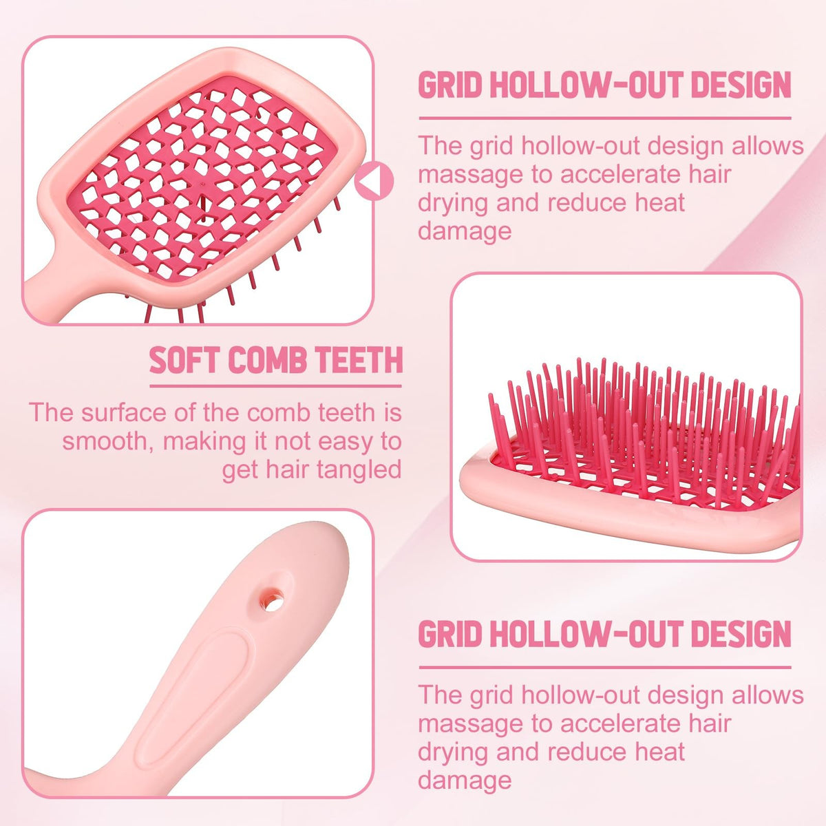 Pink Hair Brush Set for Women and Girls with Scalp Scrubber - 16 Pieces