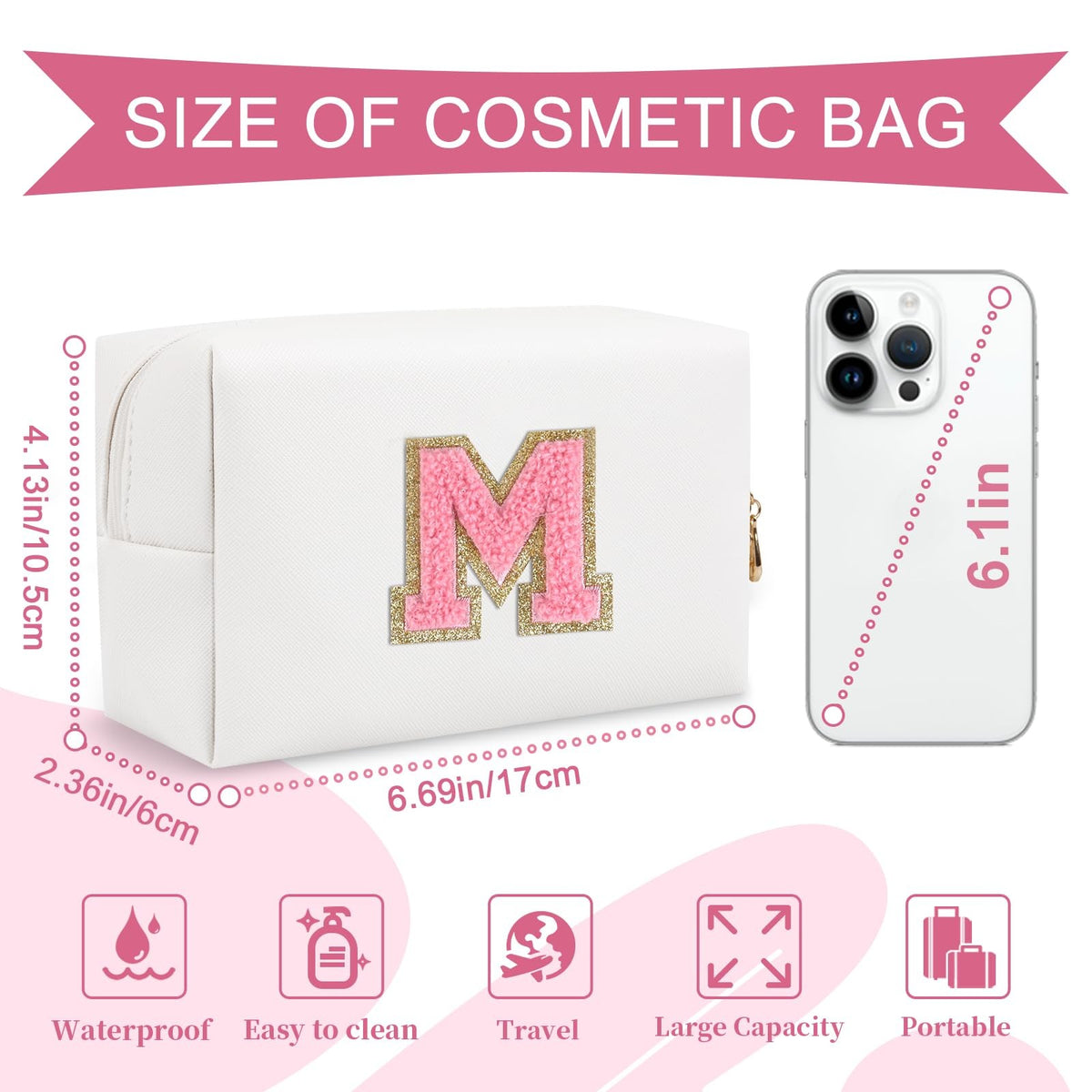 Personalized Makeup Bag with Initial Letter - Waterproof PU Cosmetic Pouch