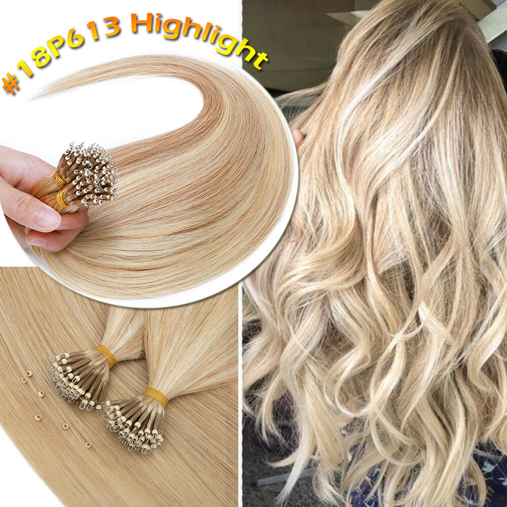 Thick Remy Human Hair Extensions Nano Ring Beaded Weft 12-24 Inch Blonde