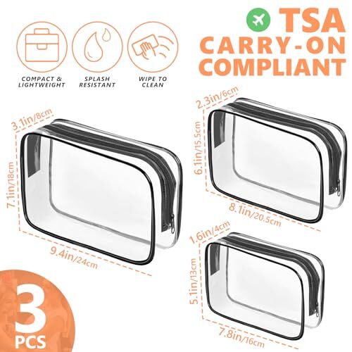 3 Pack Clear TSA Travel Cosmetic Bags Waterproof Makeup Organizer with Zipper