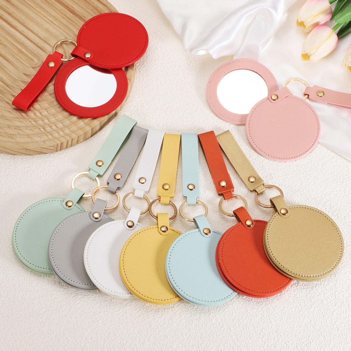 Keychain Mirror Compact with Leather Cover - Portable Round Makeup Mirror Orange Red