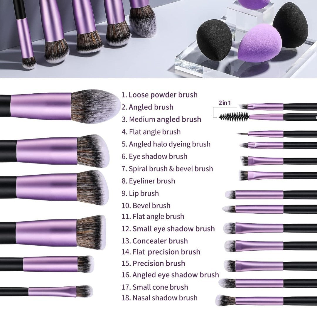 Professional Makeup Brush Set with 18 Nylon Pencils for Face Makeup - Purple