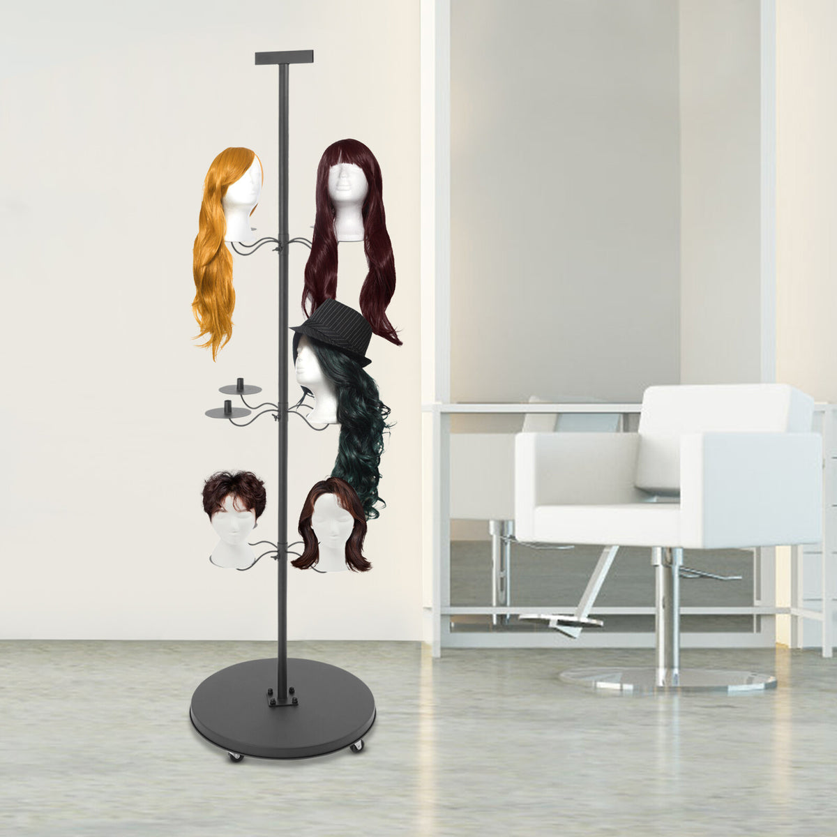 Wig Head Stand for Styling - Holds 12 Wigs, Adjustable Tripod Metal Organizer