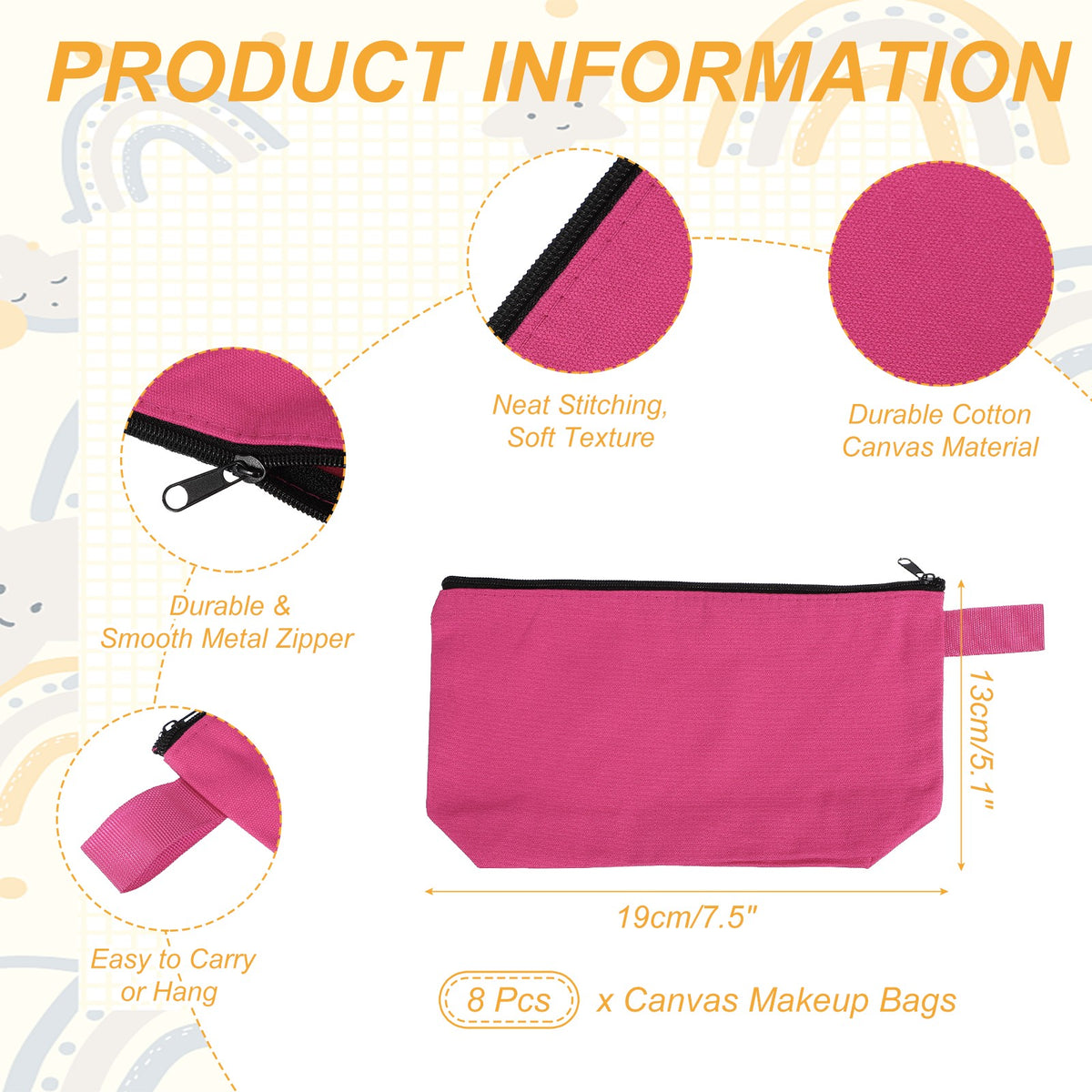 Cotton Canvas Makeup Bag Set - 8 Pcs Rose Red Travel & Organizer Bags