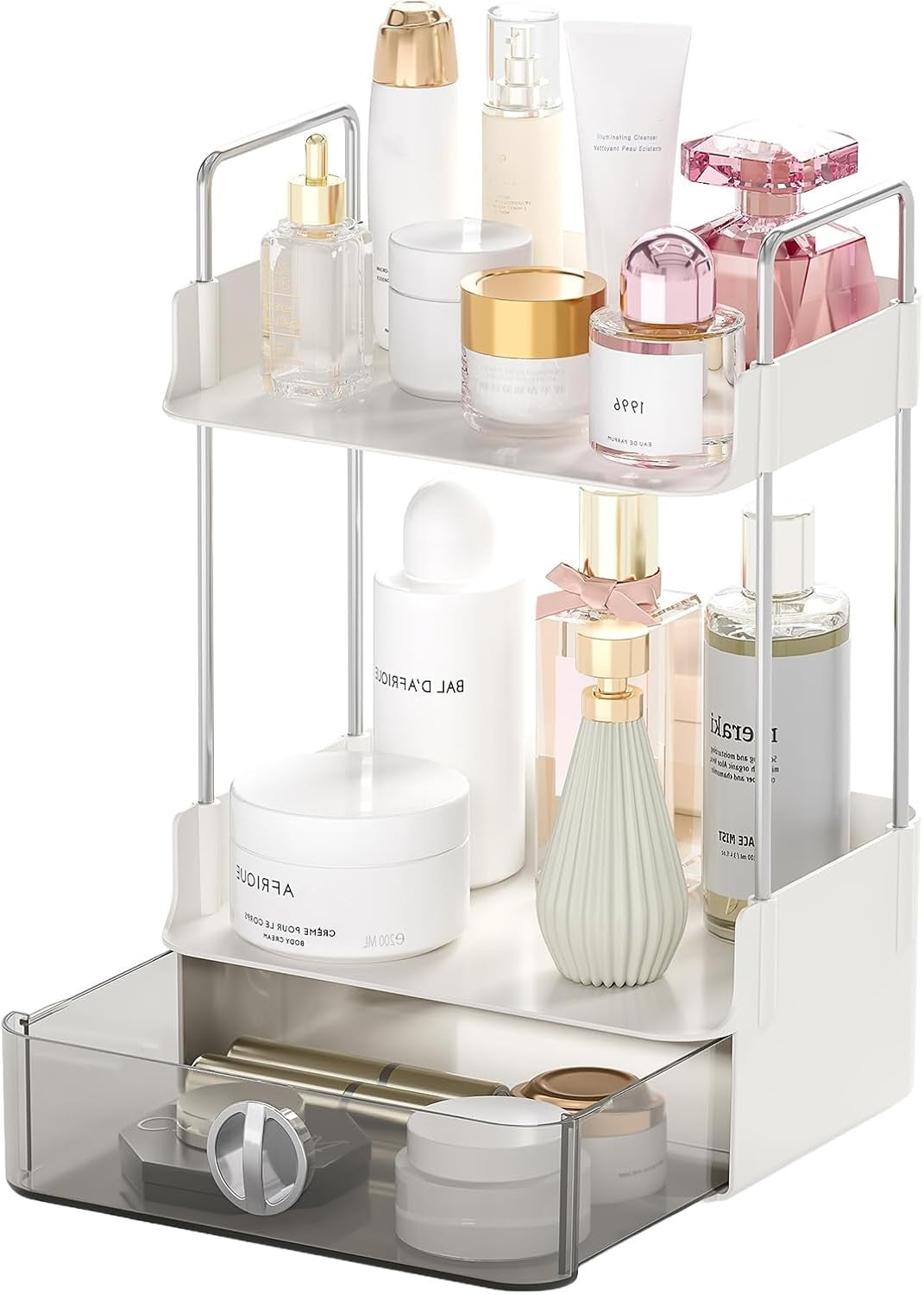 Small Makeup Vanity Organizer with Drawer, 2-Tier Bathroom Countertop Storage