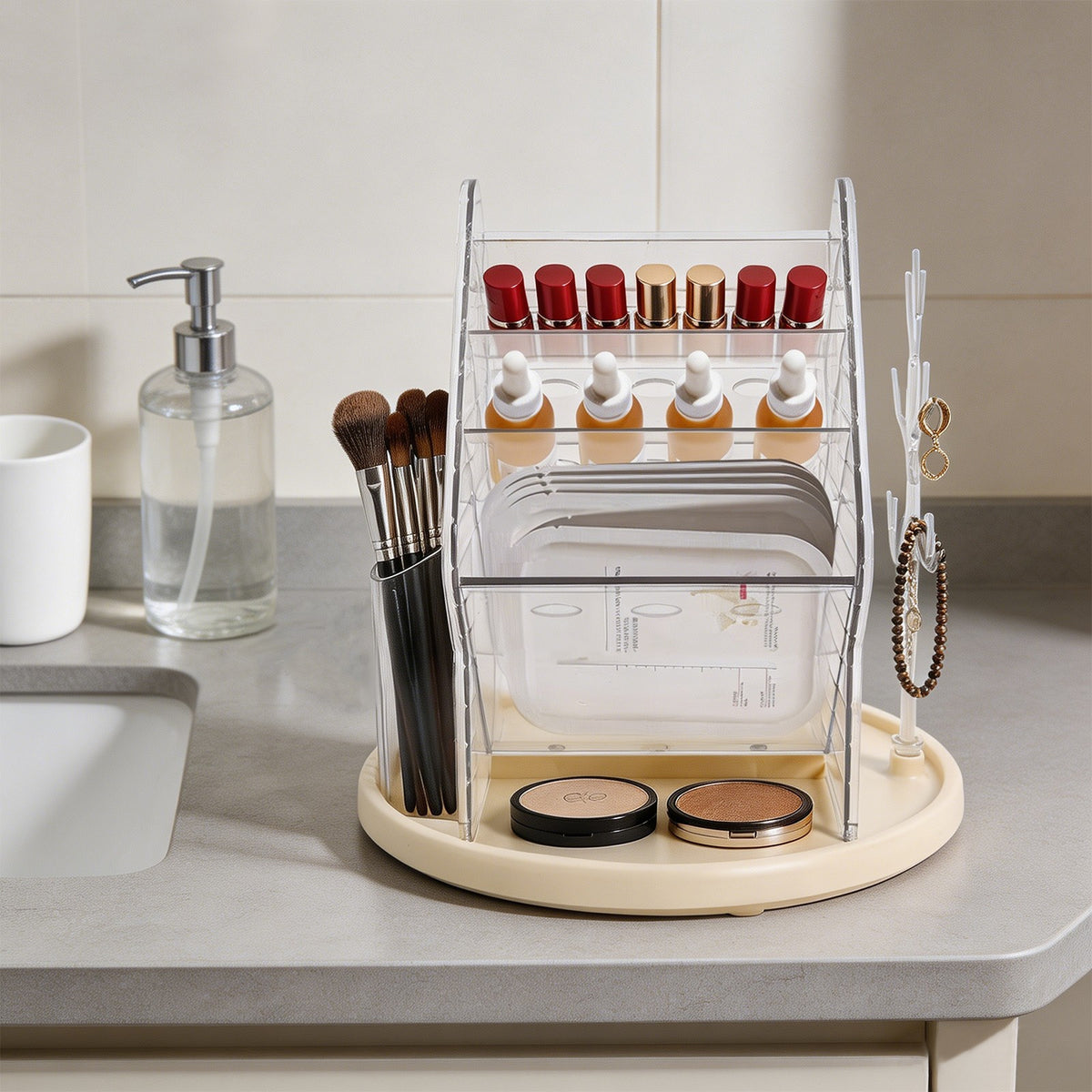 Multi-Compartment Rotating Makeup Organizer with Lipstick and Perfume Storage