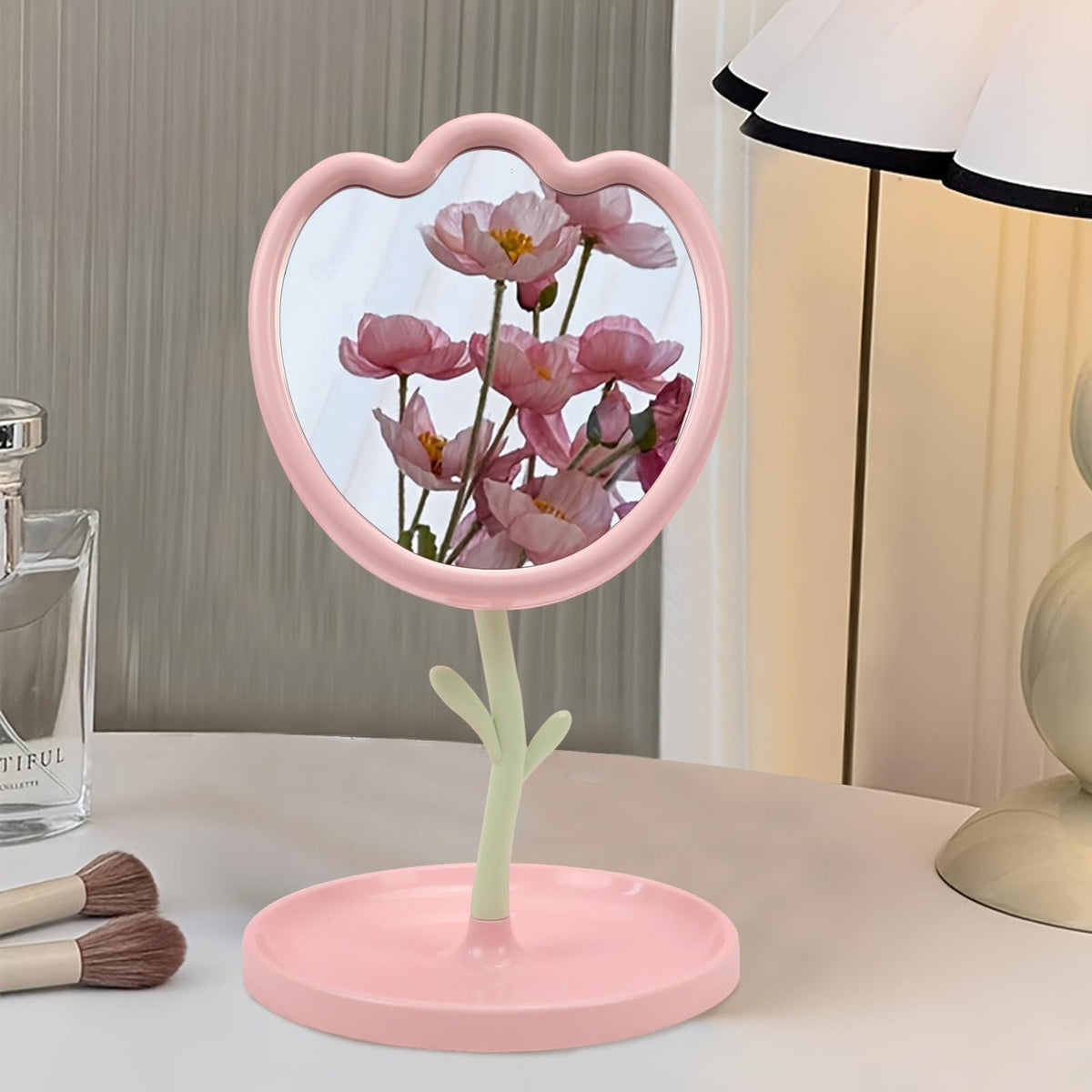 Flower Shaped Tabletop Vanity Mirror with Tray - Pink Compact Makeup Mirror