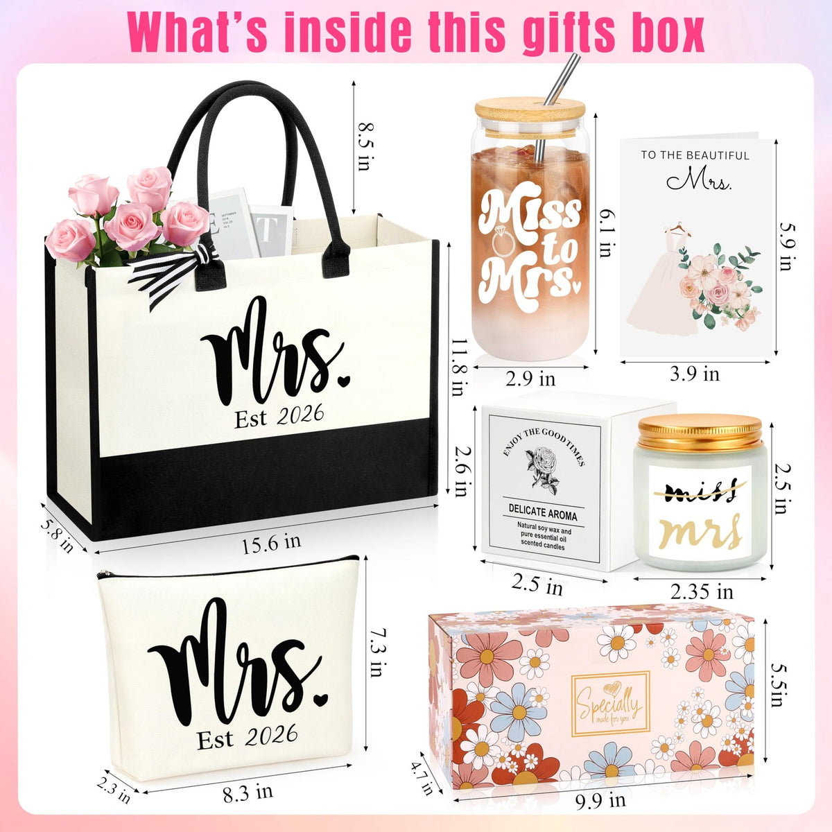 Bride Gift Set with Glass Cup Tote Cosmetic Pouch & Greeting Card - Bridal Shower & Wedding