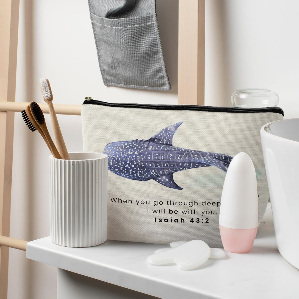 Christian Makeup Bag Pouch Waterproof Linen Travel Organizer - Whale Shark Design