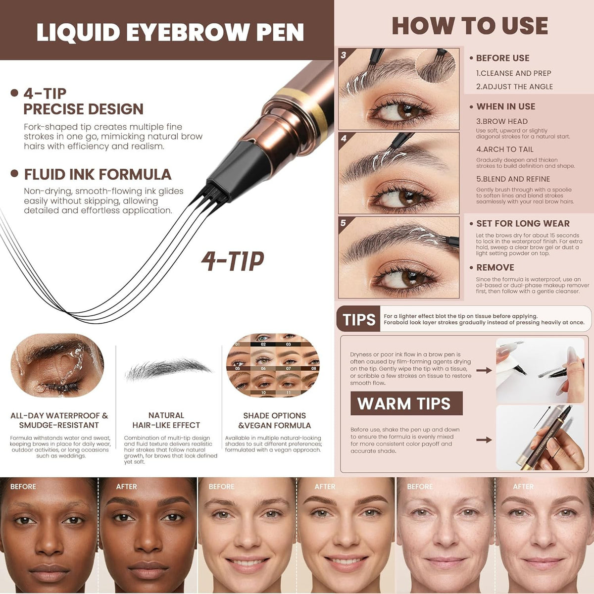 Waterproof Microblading Eyebrow Pencil Set - 2 Pack with 4 Tips for Natural, Long-Lasting Brows