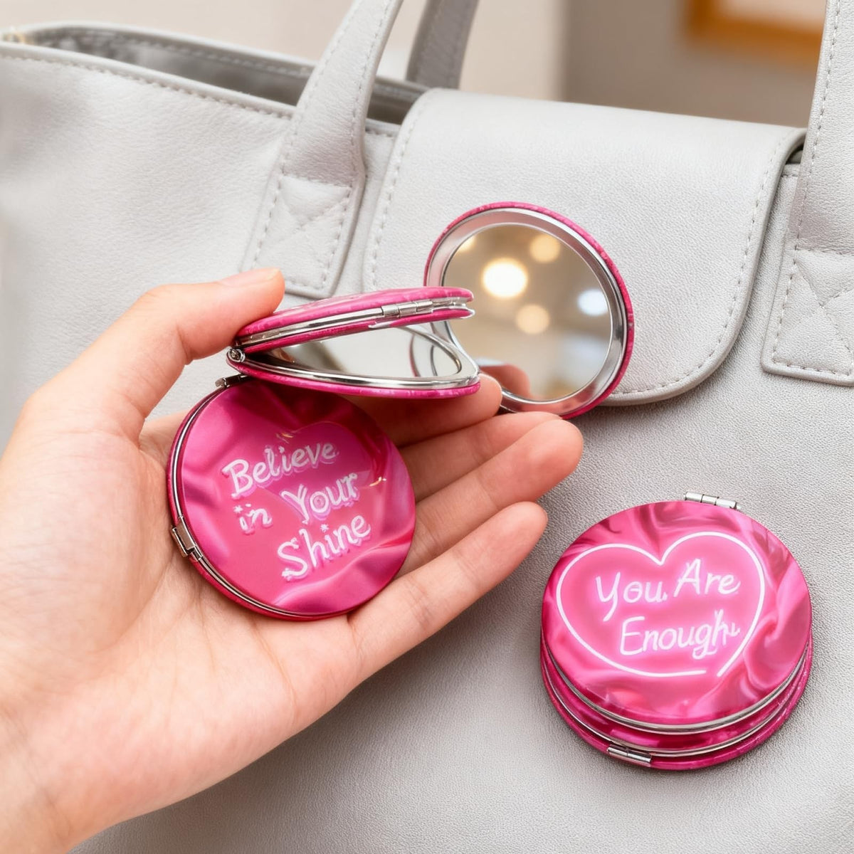12 Pack Pink Travel Compact Mirrors with Affirmations and Gift Bags for Women and Girls