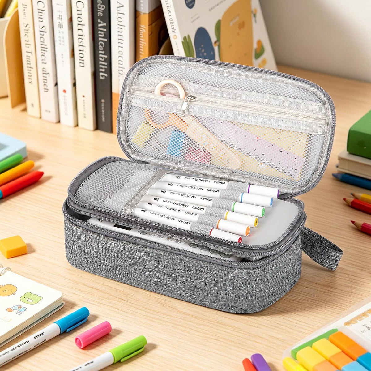 Large Capacity Double Layer Pencil Case with 5 Compartments and Zipper - Canvas Stationery Organizer