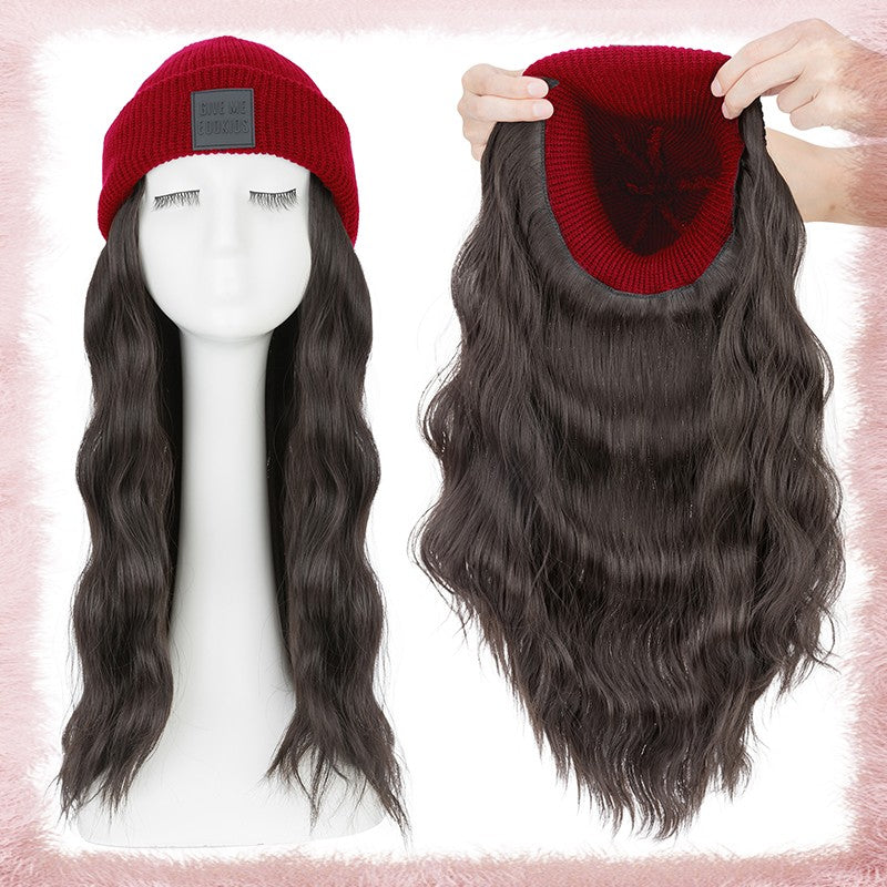 Women Knitted Wavy Wig Winter Beanie Hat - Long Curly Synthetic Hair