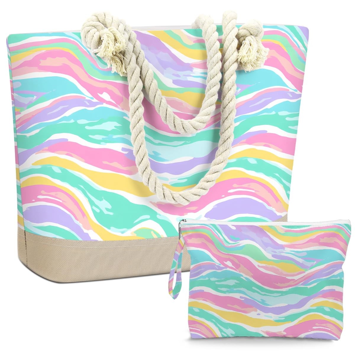 Waterproof Beach Tote Bag & Cosmetic Wet Bag Set - Colorful Wavy Design