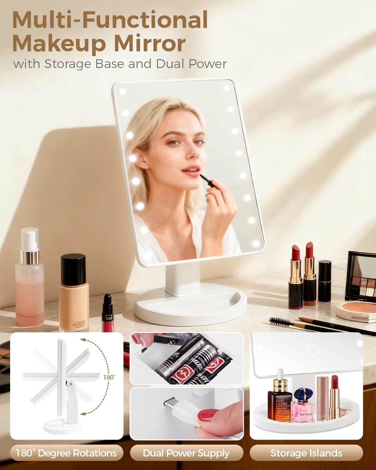 Dimmable Lighted Makeup Vanity Mirror with Dual Power USB & Batteries