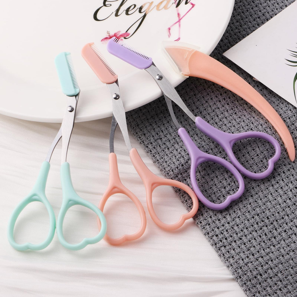 Eyebrow Scissors with Razor and Comb, Light Pink, Green, Purple
