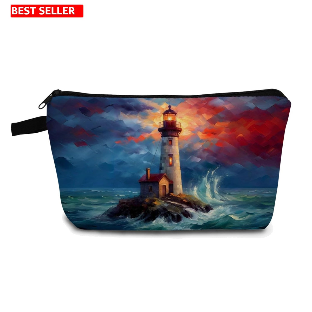 Small Lighthouse Print Makeup Bag with Metal Zipper & Durable Soft Material