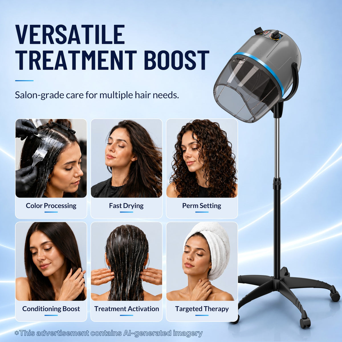 1300W Adjustable Hooded Hair Bonnet Dryer Salon Equipment w/Rolling