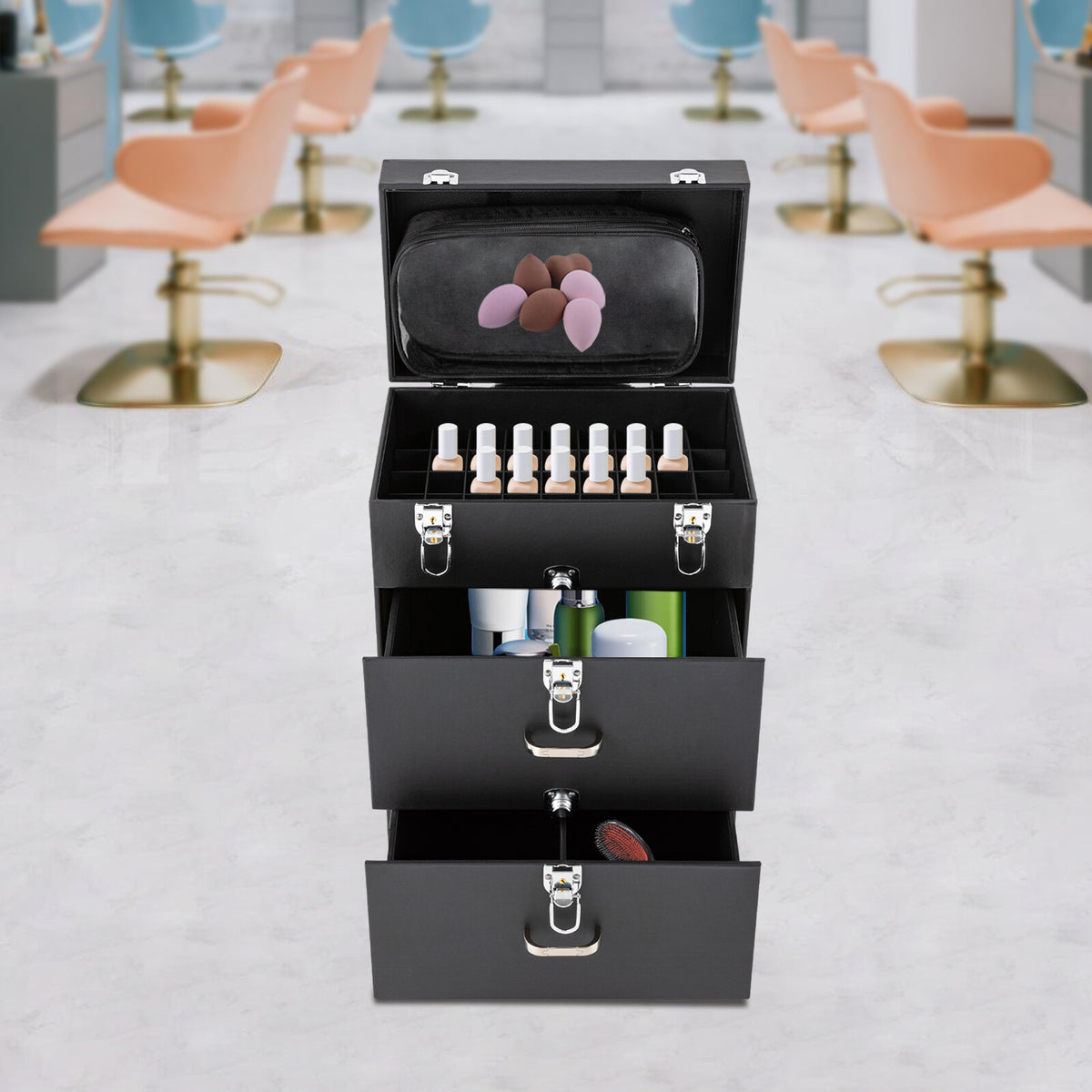 Rolling Makeup Train Case with Lockable Compartments Aluminum Salon Cosmetic Trolley Organizer
