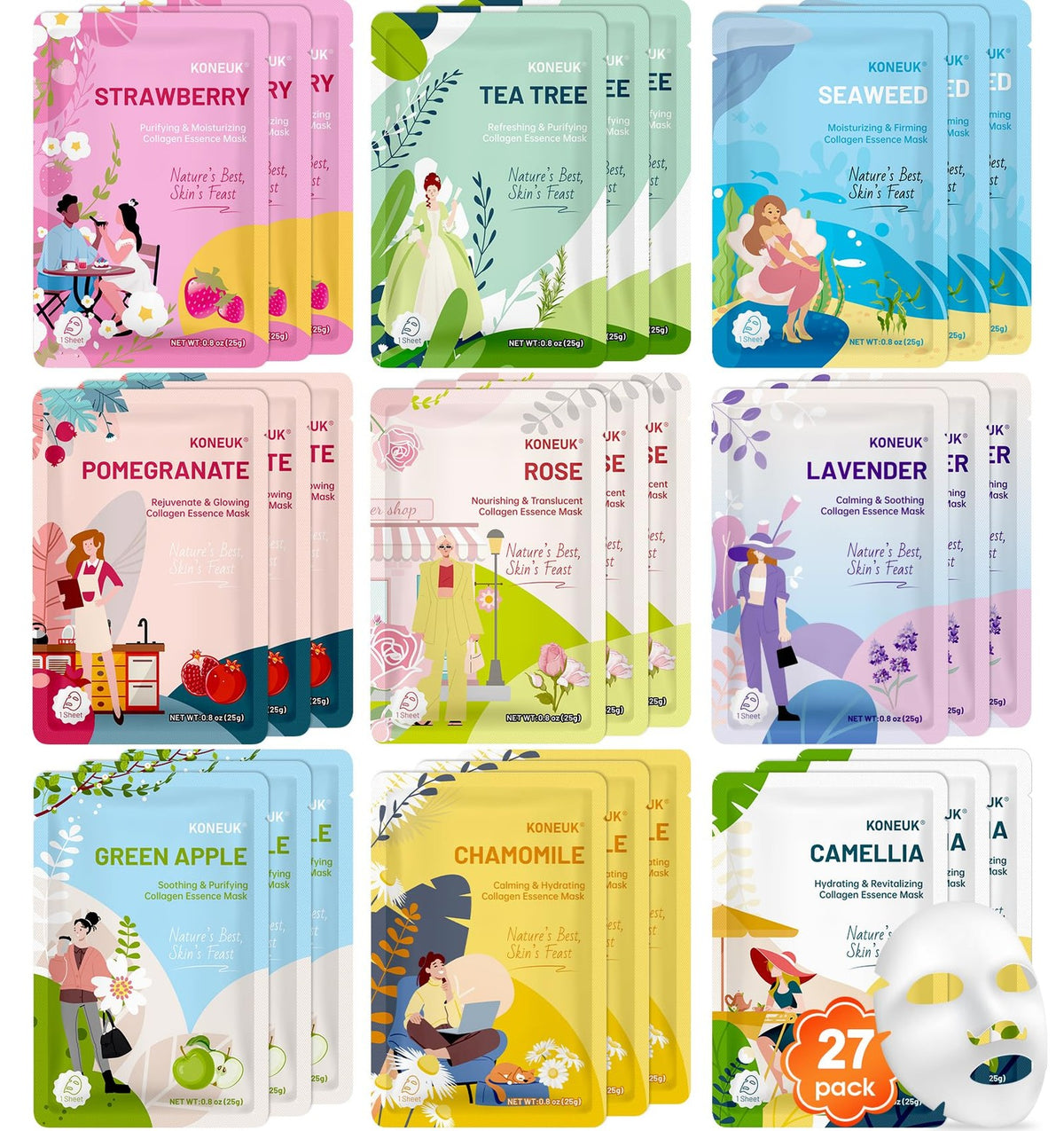 Collagen Sheet Face Masks - 27 Pack, 9 Types
