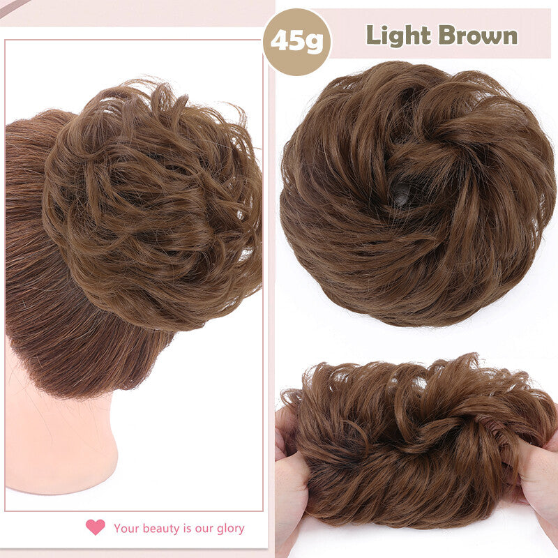 Natural Human Hair Messy Bun Ponytail Extensions with Curly Scrunchie Updo