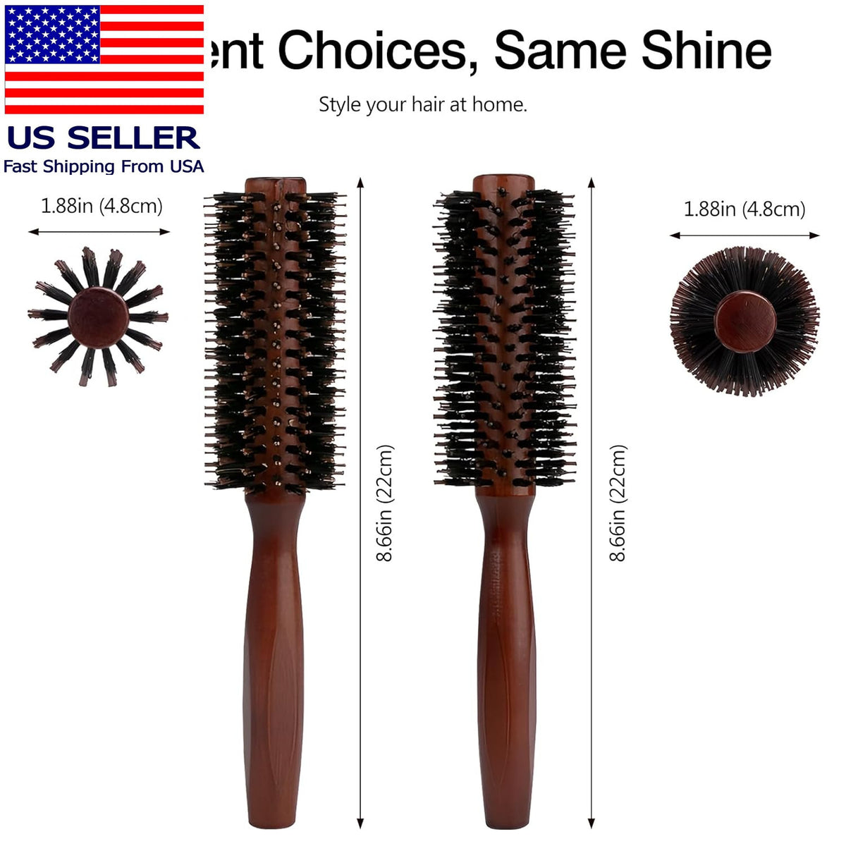 Round Boar Bristle Hair Brush with Wooden Handle for Styling & Detangling