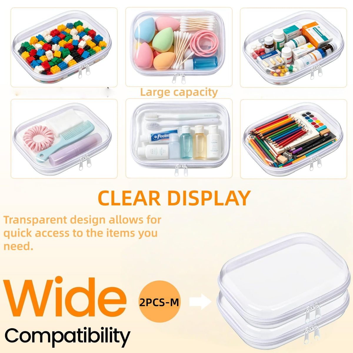 2 Pack Clear Hard Shell Travel Organizer Cases with Zipper