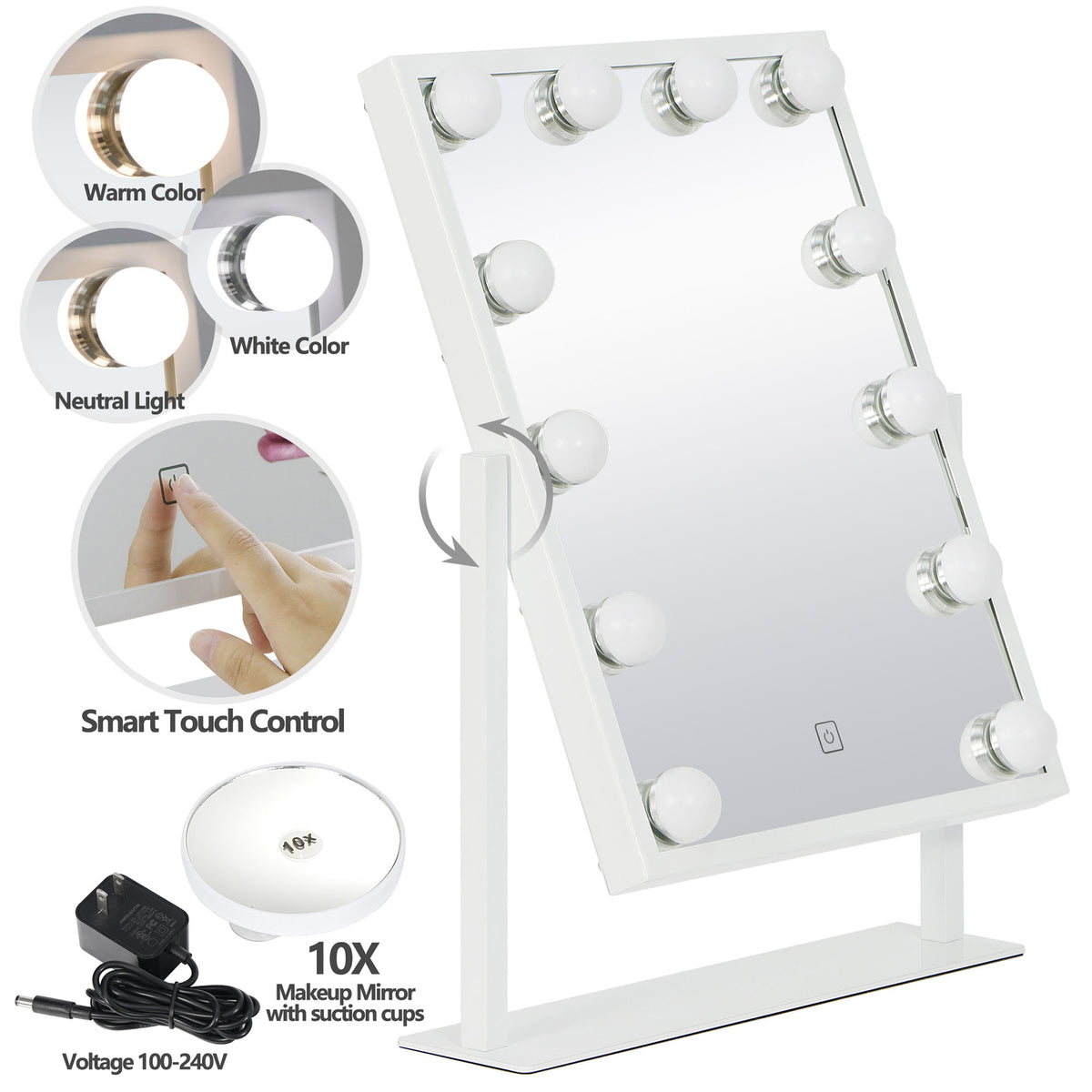 Lighted Hollywood Style Makeup Vanity Mirror with Adjustable LED Bulbs
