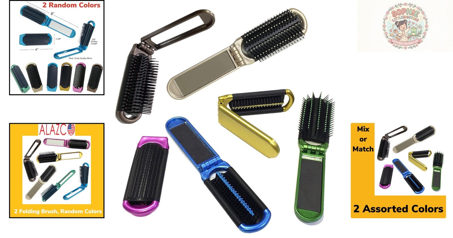 Portable Folding Hair Brush with Mirror - 2 Colors for Travel & Touch-Ups