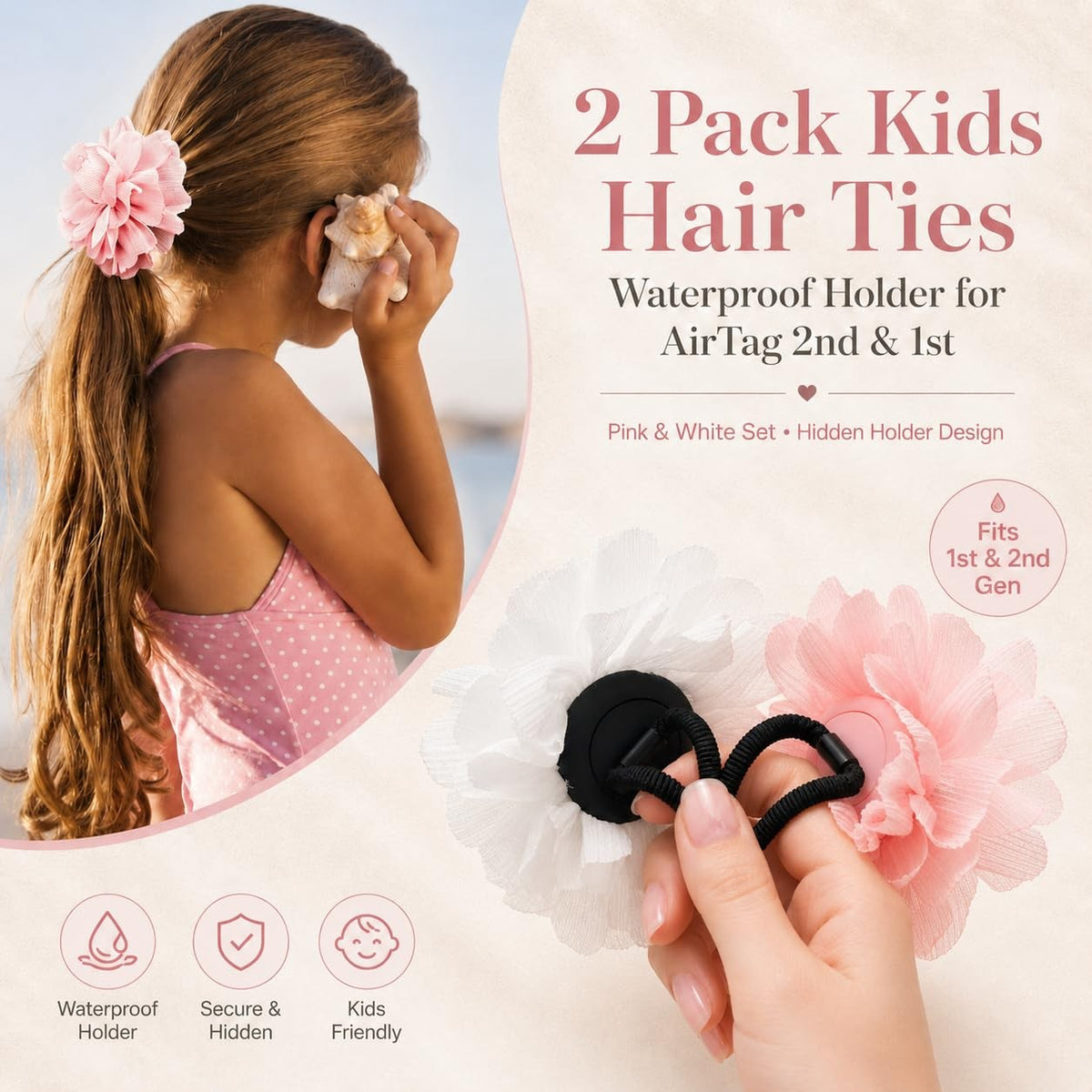 XEEWEN 2 Pack Kids Hair Ties Holder for Count (Pack of 1), Pink White