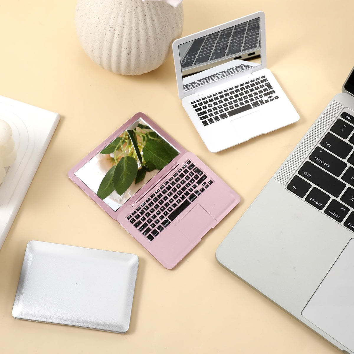 Mini Laptop Mirror Set - 3 Compact Foldable Makeup Mirrors with Keyboard Design
