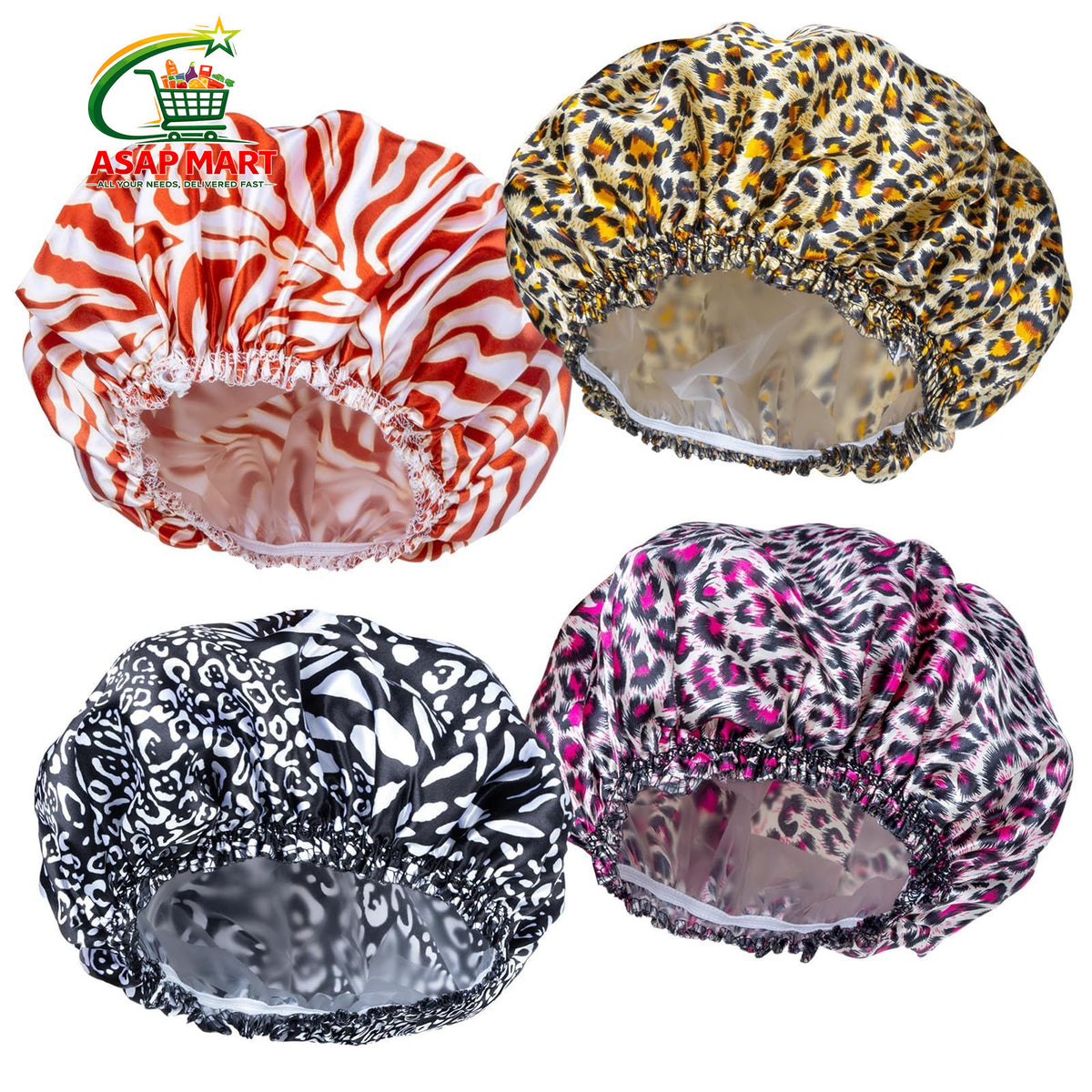 4 Pack Waterproof Shower Caps for Women - Elastic, Reusable, Colorful Prints
