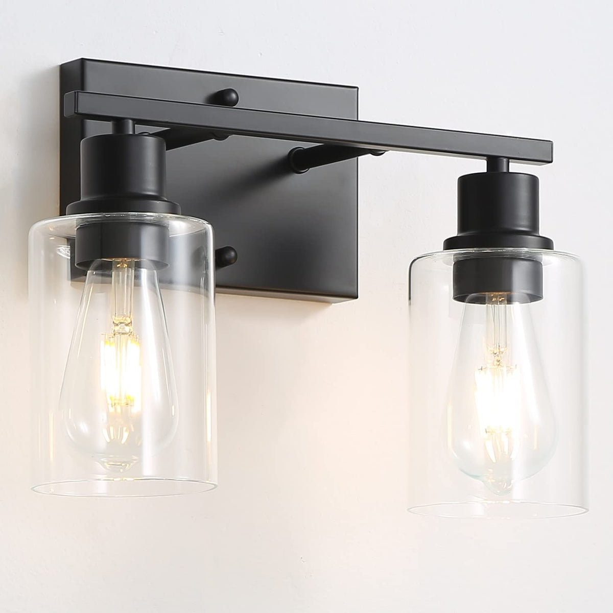2-Light Matte Black Bathroom Vanity Light Fixtures with Clear Glass Shades