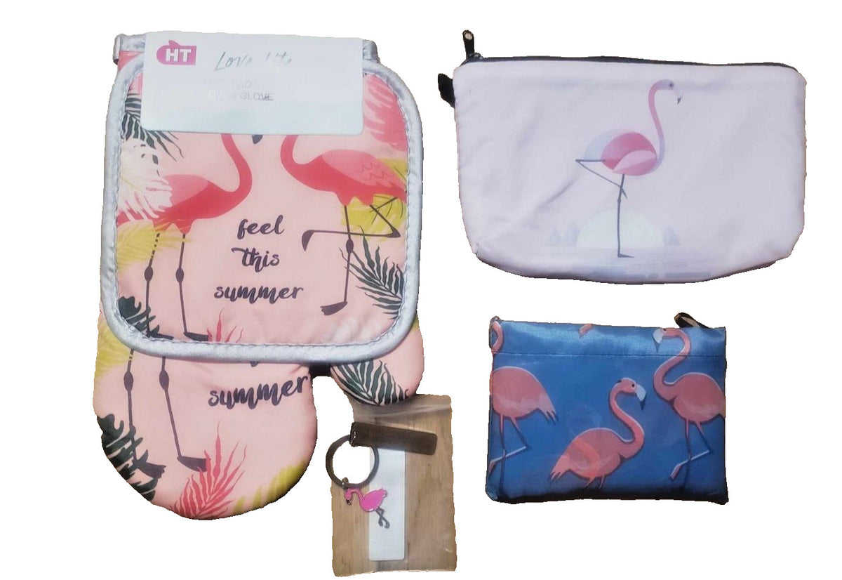 Flamingo 5-Piece Makeup Bag & Purse Set with Oven Mitts & Keychain