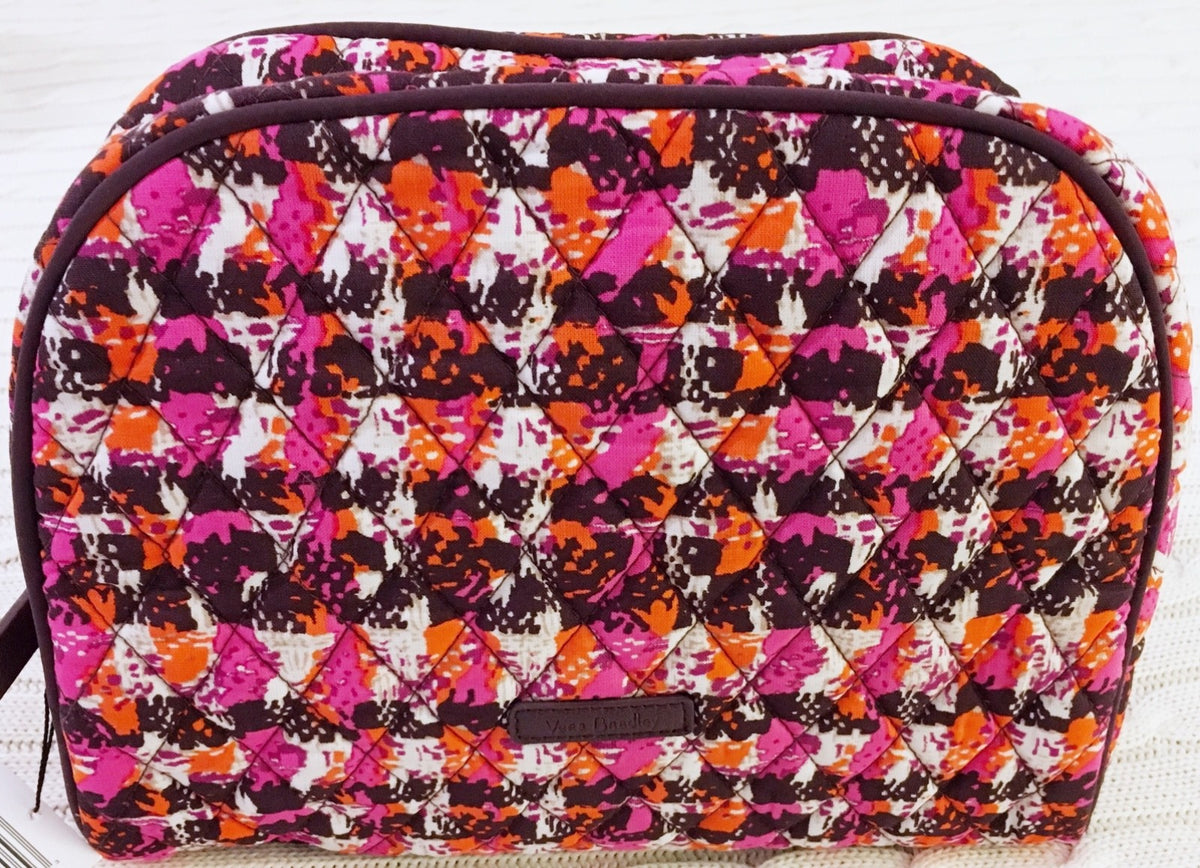 Large Zip Cosmetic Bag for Travel and Organization - Houndstooth Tweed Pattern