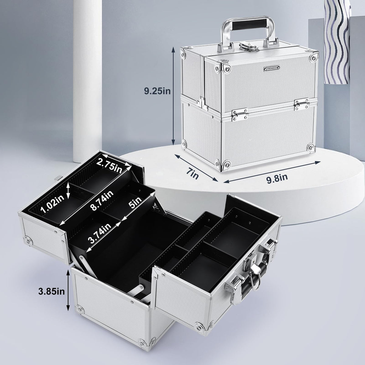 Portable Makeup Organizer Case with Lock, 4-Tier Trays, Silver Travel Storage