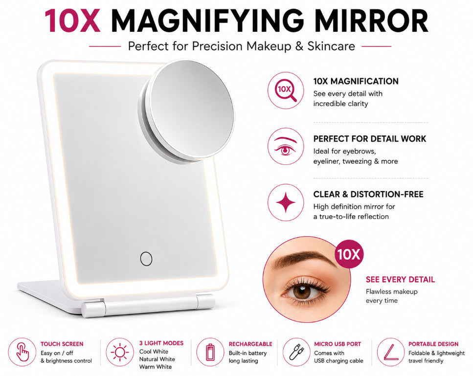 Rechargeable Travel LED Makeup Mirror with 10X Magnifier & 3 Light Modes