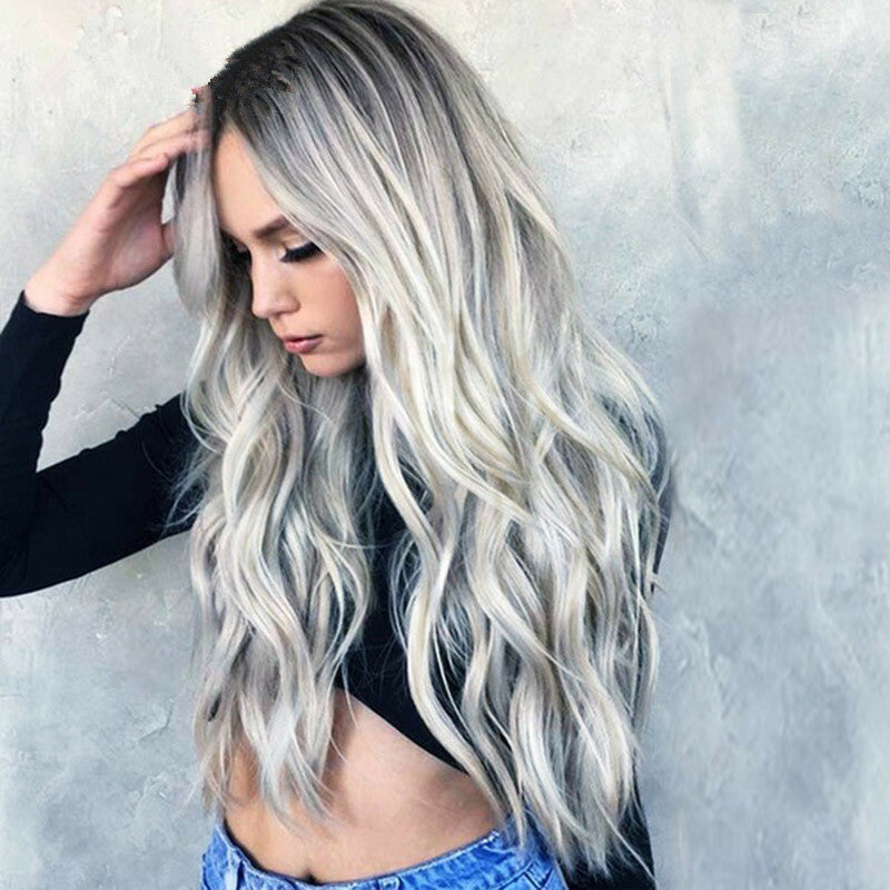 Women Long Wavy Ombre Gray Curly Synthetic Wig - Heat Resistant Hairpiece