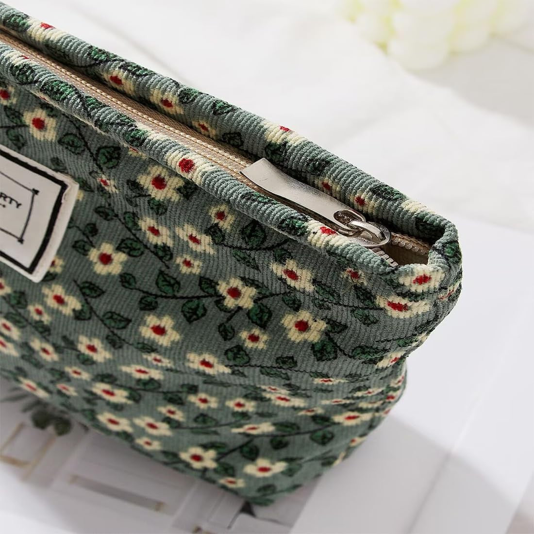 Large Capacity Canvas Makeup Bag - Green Floral Travel Organizer
