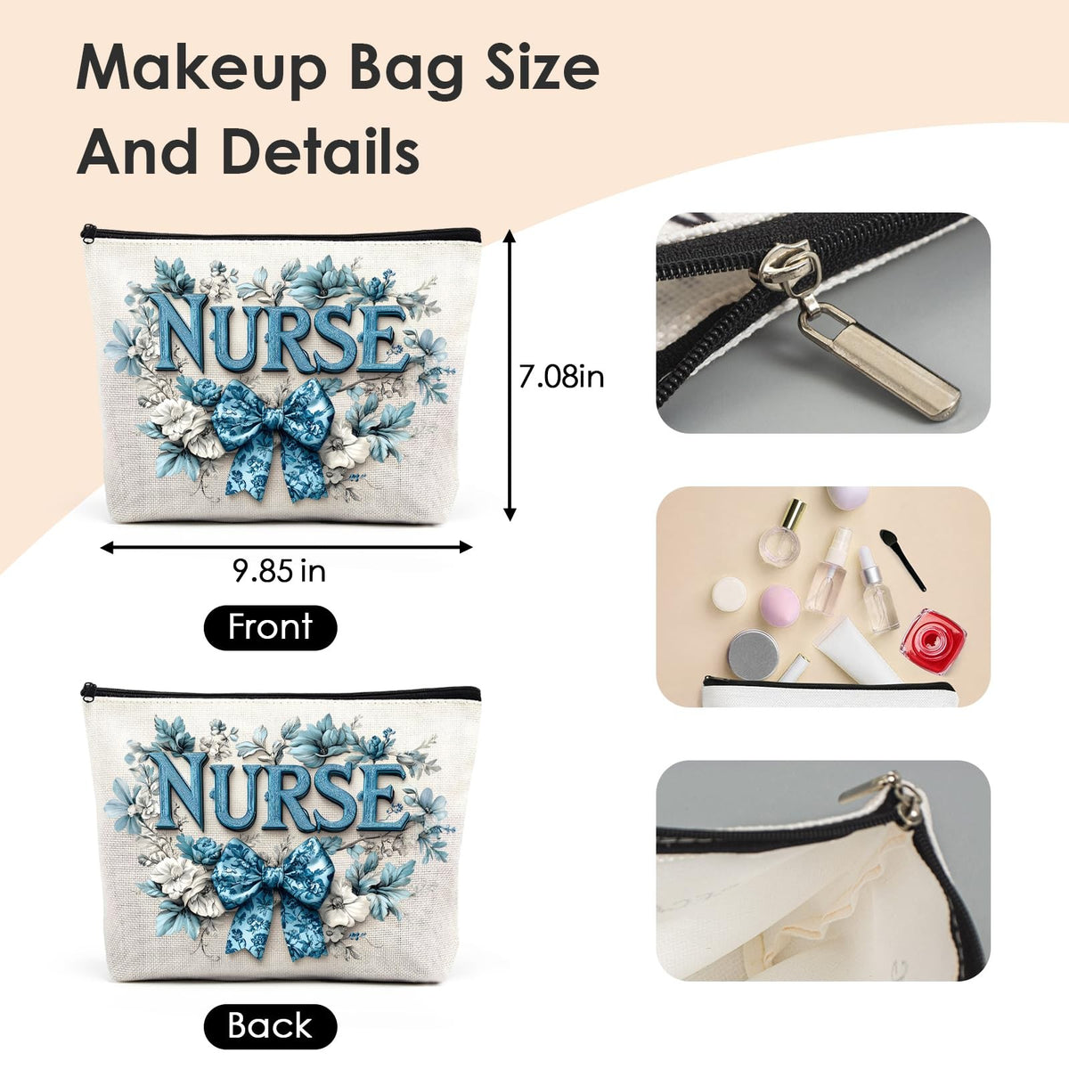 Nurse Makeup Bag - Porcelain Bow Cosmetic Organizer for Healthcare Professionals