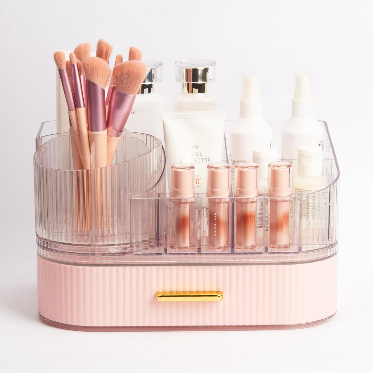 Pink Makeup Organizer with Rotating Brush Holder & Drawer - 11-Inch