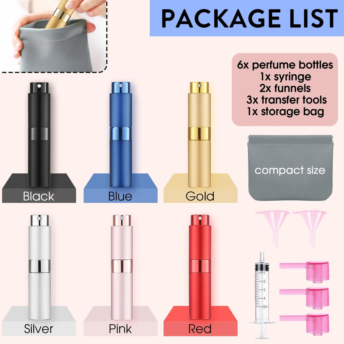 8ML Refillable Perfume Atomizer Spray Bottles Travel Set - 6 Pack