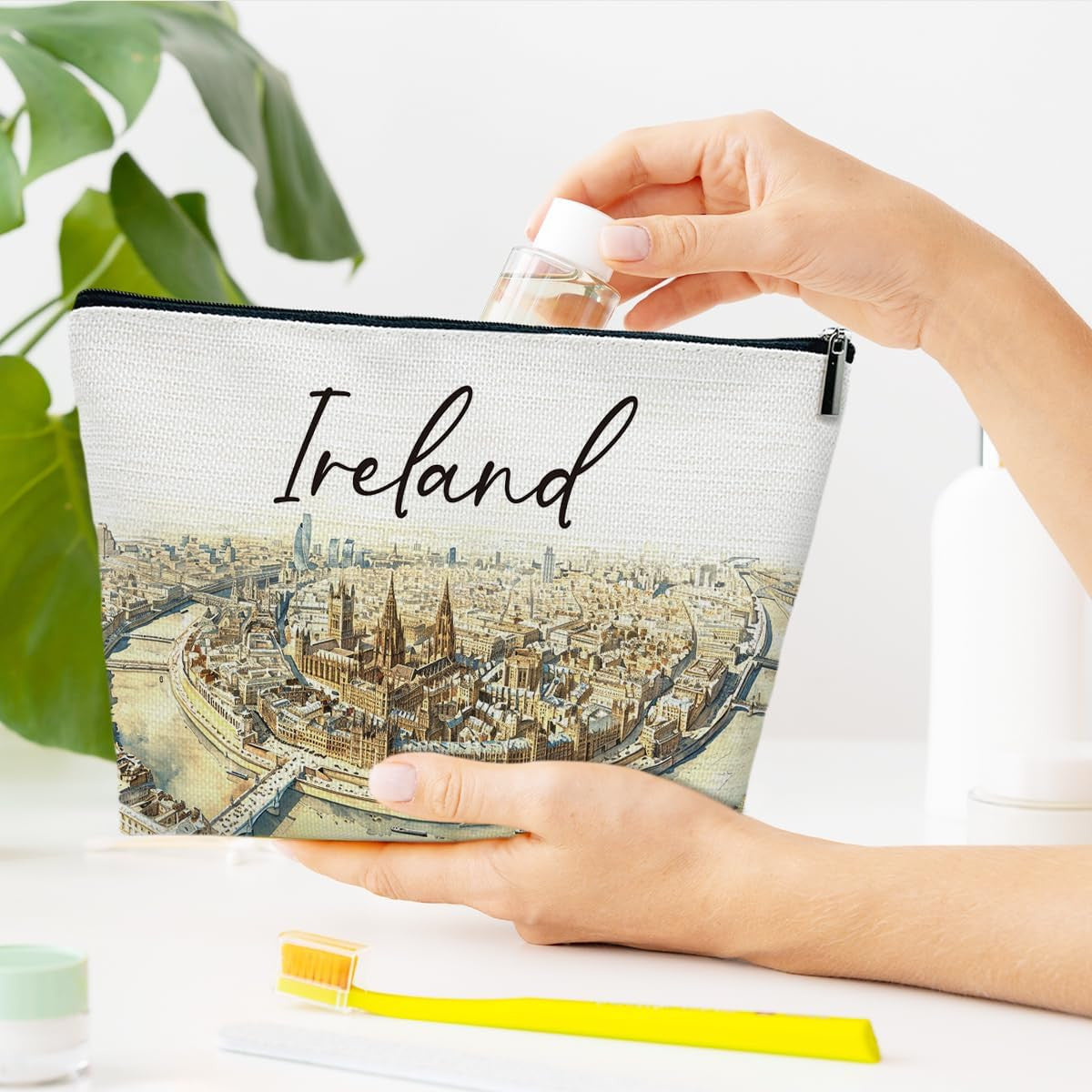 Ireland Travel Makeup Bag - Watercolor City Cosmetic Organizer, Waterproof