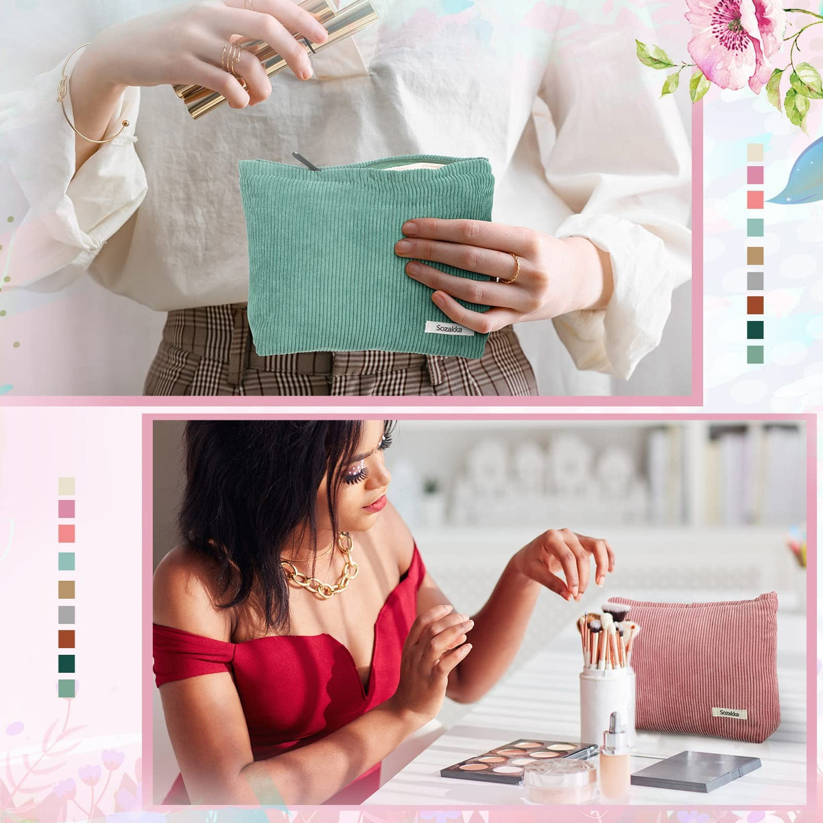 Large Corduroy Makeup Bag Set - 12 Color Travel Cosmetic Pouches 10x7 Inches