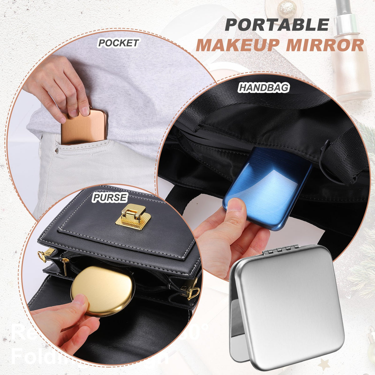 Small Stainless Steel Compact Pocket Mirror Square Silver for Travel & Makeup