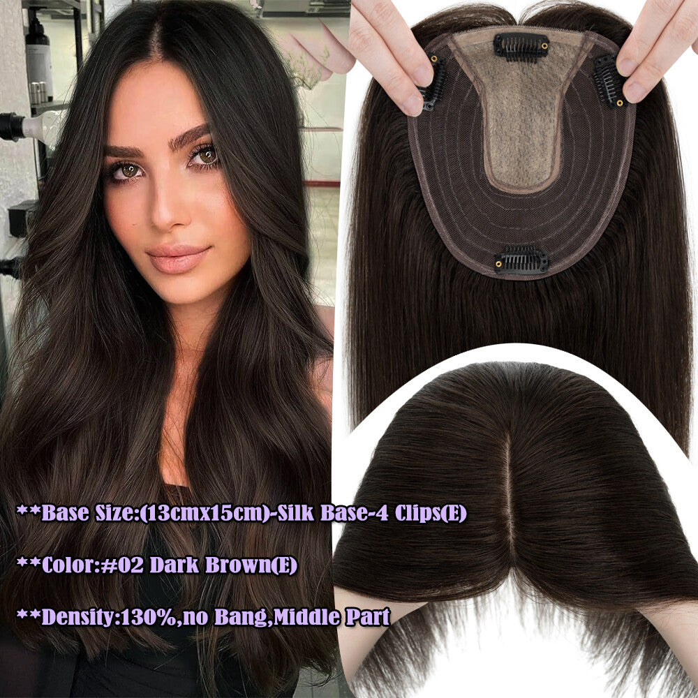 Human Hair Topper Clip-In Hairpiece with Silk Base - Brown, 6-12 Inches