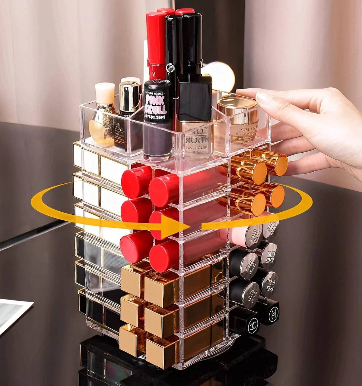360 Degree Spinning Lipstick Organizer Holder with 53 Slots, Clear Acrylic