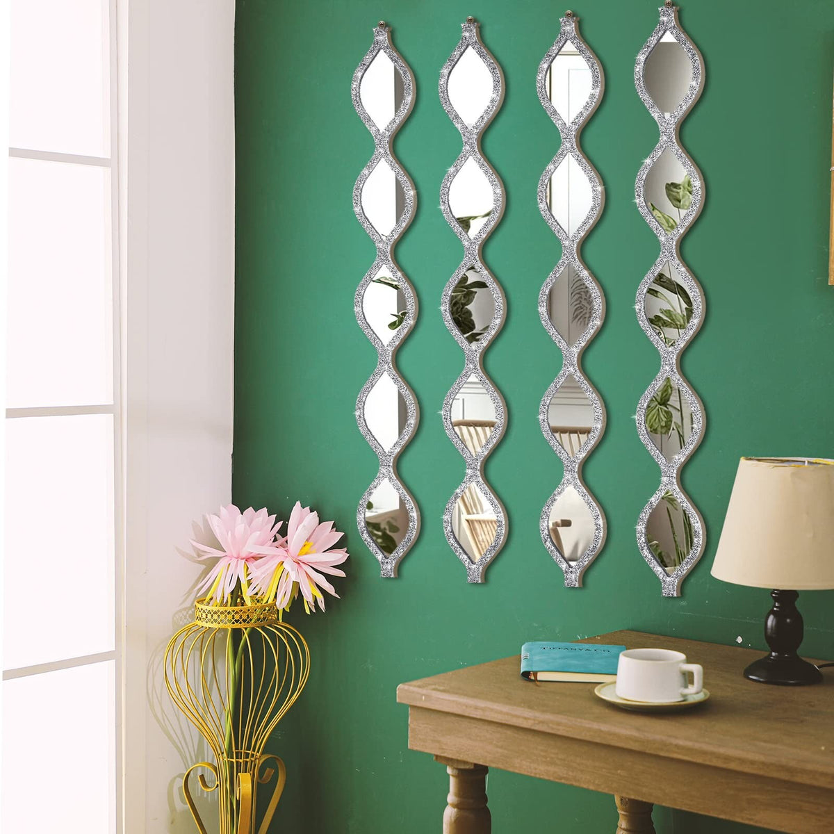 Teardrop Mirror Wall Decor Set - Rustic Diamond Crystal Farmhouse 4-Piece