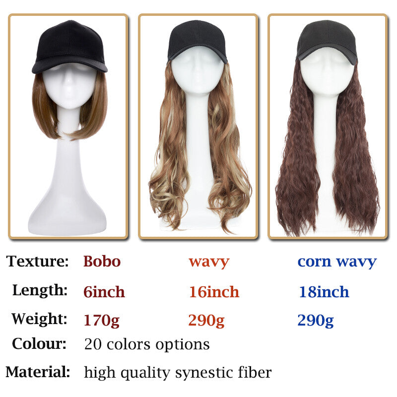 Baseball Cap with Synthetic Hair Extensions - Straight, Curly, Wavy Fits Most